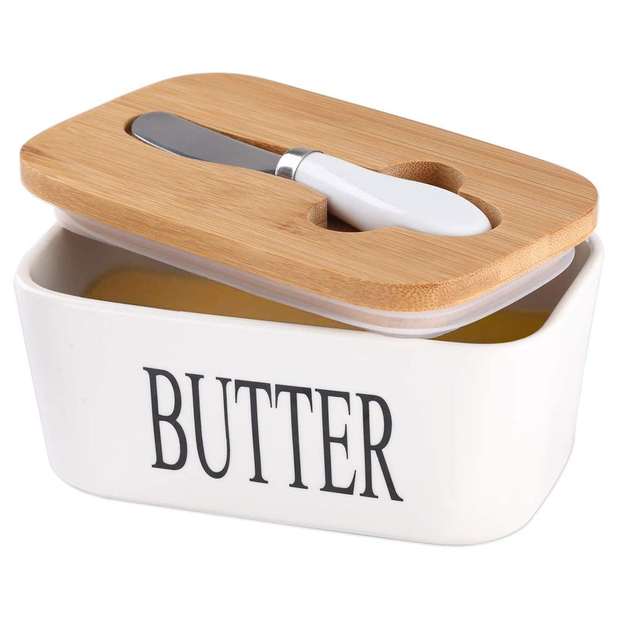 Ceramic Butter Dish with Wooden Lid & butter knife